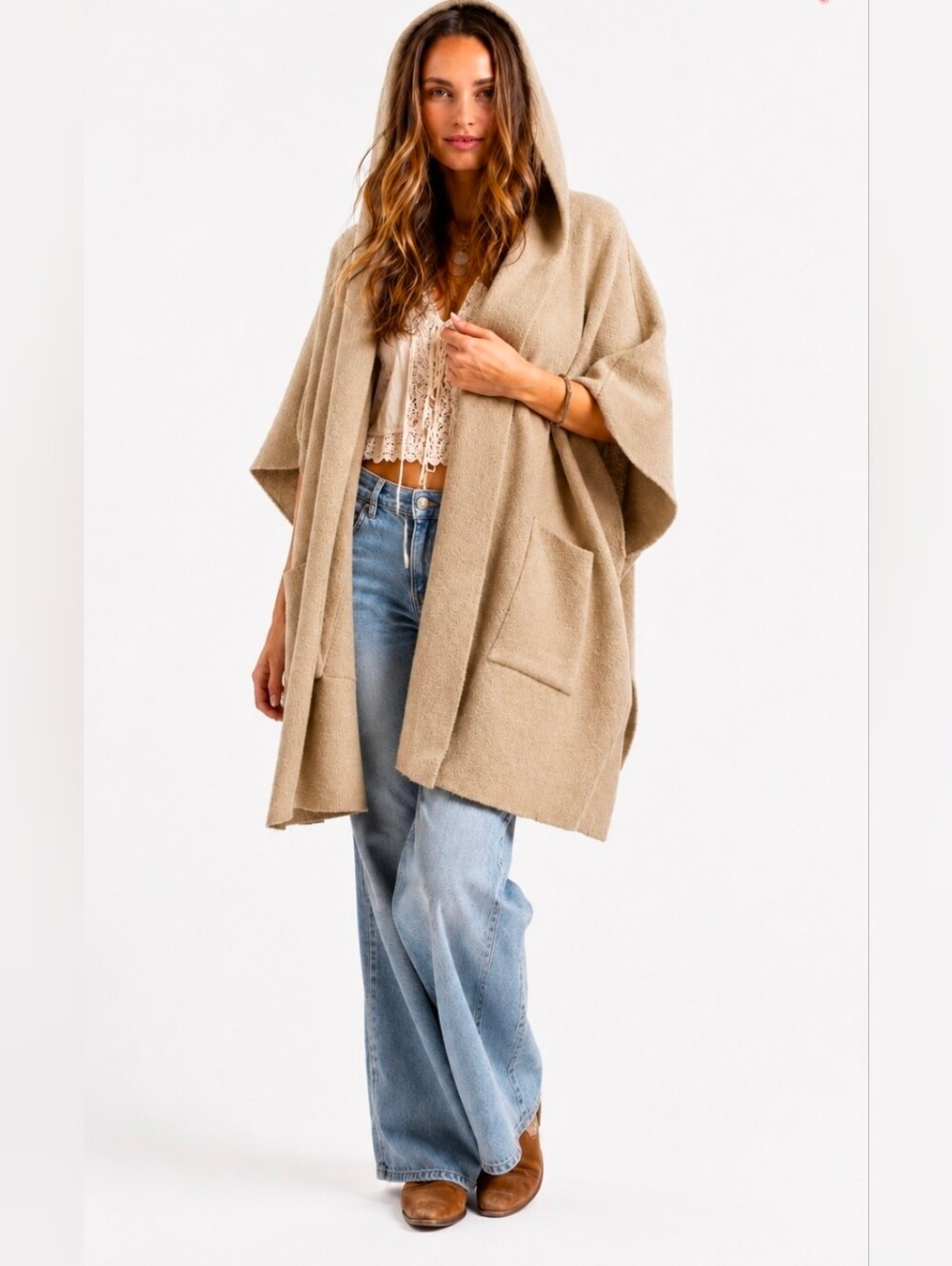 Free People X Hooded Oversized Kimono Duster Jacket In Beige One Size NIP $180